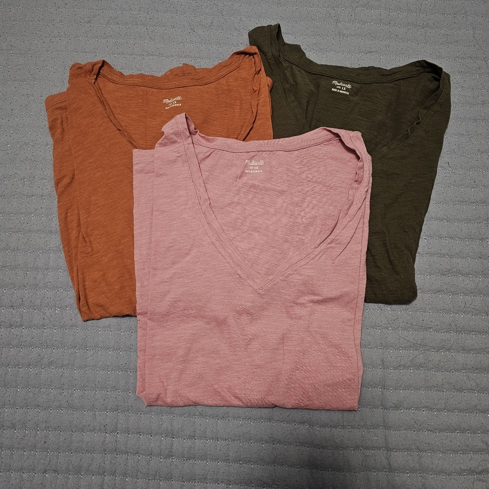 Madewell V-Neck T-Shirts in Pink, Orange, and Green